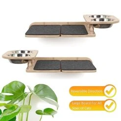 Cat Feeder Wall Mounted, Natural Bamboo Wood Suspension Cat Bowl, Cat Feeder Shelf With Two Bowls, Cat Climbing Shelves With Mat, Blocking Dog Stealing Cat Food, Cat Furniture For Indoor Cat -Purritos Shop 416Q7GzQYSL