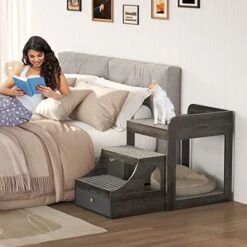 Cyclysio Pet Window Perch With Stairs, Super Large Pet Bunk Bed For Cats, Multi-Level Pet Seat Platform With Mats, Pet Bed Couch With Drawers For Bedside, Home, Indoor Use, Large Size, Grey