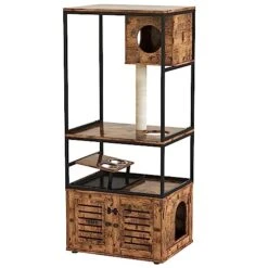 Lamerge Large Cat Litter Box Furniture, Cat Tree Tower With Scratching Post And Cat House Condo, Wooden Cat Cabinet With Doors And Cat Feeding Bowl, Rustic Brown