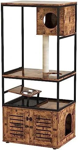 Lamerge Large Cat Litter Box Furniture, Cat Tree Tower With Scratching Post And Cat House Condo, Wooden Cat Cabinet With Doors And Cat Feeding Bowl, Rustic Brown 9 Lamerge Large Cat Litter Box Furniture, Cat Tree Tower With Scratching Post And Cat House Condo, Wooden Cat Cabinet With Doors And Cat Feeding Bowl, Rustic Brown - Image 7