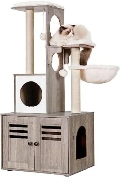 Heybly Cat Tree, Wood Litter Box Enclosure With Food Station, All-in-one Indoor Cat Furniture With Large Platform And Condo, Modern Style Cat Tower, Hammock, Rustic Brown HCT103SR -Purritos Shop 41BJgvlbHlL. AC