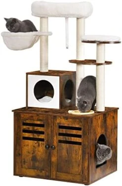 Heybly Cat Tree, Wood Litter Box Enclosure With Food Station, All-in-one Indoor Cat Furniture With Large Platform And Condo, Modern Style Cat Tower, Hammock, Rustic Brown HCT103SR -Purritos Shop 41FL04RUmJL. AC