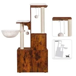 Heybly Cat Tree, Wood Litter Box Enclosure With Food Station, All-in-one Indoor Cat Furniture With Large Platform And Condo, Modern Style Cat Tower, Hammock, Rustic Brown HCT103SR -Purritos Shop 41HHH9VrzvL