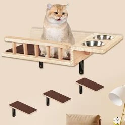 Loninak Cat Wall Shelves, Cat Feeding Shelf With Steps - Include Cat Food Shelf, 2 Cat Food Bowl And Cat Ladder, Wall Mounted Cat Shelf, Cat Furniture Wall For Playtime And Relaxation