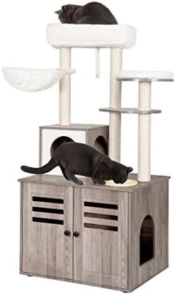 Heybly Cat Tree, Wood Litter Box Enclosure With Food Station, All-in-one Indoor Cat Furniture With Large Platform And Condo, Modern Style Cat Tower, Hammock, Rustic Brown HCT103SR -Purritos Shop 41MAudC7EJL. AC