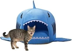 JENPECH Cat House - Self-Warming 2 In 1 Foldable Comfortable Shark Shape Cave Design Pet Cat Bed Tent House Teddy House For Cats Small Dogs Grey S -Purritos Shop 41NU6PfynnL. AC