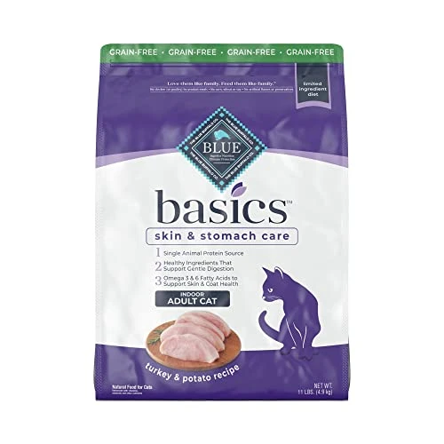 Blue Buffalo Basics Skin & Stomach Care Grain Free, Natural Indoor Adult Dry Cat Food, Turkey & Potato 11-lb 3 Blue Buffalo Basics Skin & Stomach Care Grain Free, Natural Indoor Adult Dry Cat Food, Turkey & Potato 11-lb