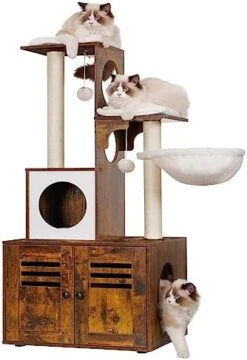 Heybly Cat Tree, Wood Litter Box Enclosure With Food Station, All-in-one Indoor Cat Furniture With Large Platform And Condo, Modern Style Cat Tower, Hammock, Rustic Brown HCT103SR -Purritos Shop 41ZAQcl83tL. AC