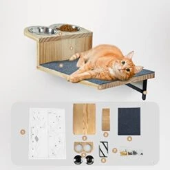 A.FATI Cat Wall Shelf, Wooden Cat Feeding Shelf With 2 Raised Bowls, 15° Tilted Feeding Position, Cat Shelves And Perches For Eating, Playing, Sleeping & Lounging -Purritos Shop 41uorYWRggL