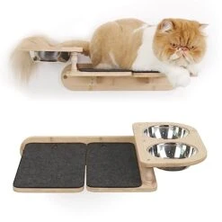Cat Feeder Wall Mounted, Natural Bamboo Wood Suspension Cat Bowl, Cat Feeder Shelf With Two Bowls, Cat Climbing Shelves With Mat, Blocking Dog Stealing Cat Food, Cat Furniture For Indoor Cat