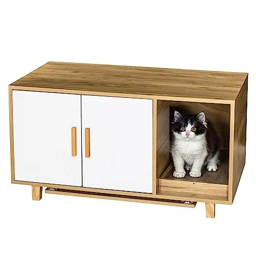 FEELLE Cat Litter Box Enclosure Houses With Food Bowls And Scratch Pad For Indoor Cats, Cat Washroom Hidden Litter Box Furniture Cabinet, Modern Cat Home, Table Nightstand Pet House 3 FEELLE Cat Litter Box Enclosure Houses With Food Bowls And Scratch Pad For Indoor Cats, Cat Washroom Hidden Litter Box Furniture Cabinet, Modern Cat Home, Table Nightstand Pet House
