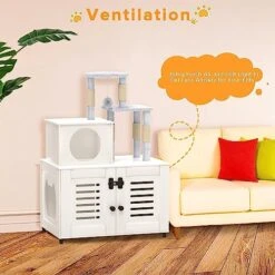 EasyCom Litter Box Enclosure, Hidden Cat Tree Tower Furniture For Indoor House, Modern Wooden All-in-one Cat Litter Cabinet With Scratching Post And Condo, White -Purritos Shop 511TioMiBXL
