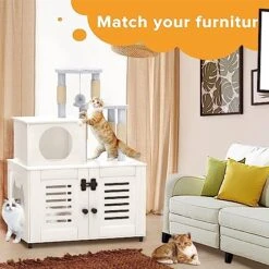 EasyCom Litter Box Enclosure, Hidden Cat Tree Tower Furniture For Indoor House, Modern Wooden All-in-one Cat Litter Cabinet With Scratching Post And Condo, White -Purritos Shop 512KVEcVa3L