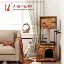 Cat Litter Box Enclosure With Shelves And Door, Hidden Cat Washroom Cabinet Furniture With Scratching Posts,Platform,Elevated Cat Feeding Bowl,All-in-One Wood Pet Crate Indoor Cat House Fumiture,Brown -Purritos Shop 514C9coGb4L