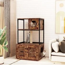 Cat Litter Box Enclosure With Shelves And Door, Hidden Cat Washroom Cabinet Furniture With Scratching Posts,Platform,Elevated Cat Feeding Bowl,All-in-One Wood Pet Crate Indoor Cat House Fumiture,Brown -Purritos Shop 51CAruSmACL. AC