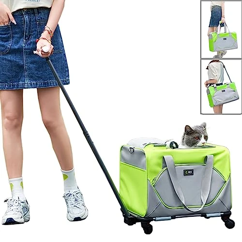 H.S.C PET Light Green Soft Cat Carrier For Pet,Detachable Rolling Carrier With Wheels For Small Animal Like Bunny Kittens Puppy,for Traveling/Hiking/Camping (with Drawbar) 3 H.S.C PET Light Green Soft Cat Carrier For Pet,Detachable Rolling Carrier With Wheels For Small Animal Like Bunny Kittens Puppy,for Traveling/Hiking/Camping (with Drawbar)