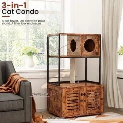 Cat Litter Box Enclosure With Shelves And Door, Hidden Cat Washroom Cabinet Furniture With Scratching Posts,Platform,Elevated Cat Feeding Bowl,All-in-One Wood Pet Crate Indoor Cat House Fumiture,Brown -Purritos Shop 51QXRlYW02L