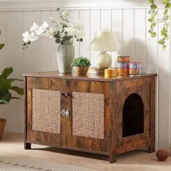 Cat Litter Box Enclosure With Shelves And Door, Hidden Cat Washroom Cabinet Furniture With Scratching Posts,Platform,Elevated Cat Feeding Bowl,All-in-One Wood Pet Crate Indoor Cat House Fumiture,Brown -Purritos Shop 51RbjnXyhAL. AC