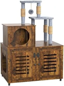 EasyCom Litter Box Enclosure, Hidden Cat Tree Tower Furniture For Indoor House, Modern Wooden All-in-one Cat Litter Cabinet With Scratching Post And Condo, White -Purritos Shop 51Sym5q8ygL. AC