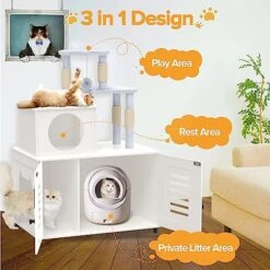 EasyCom Litter Box Enclosure, Hidden Cat Tree Tower Furniture For Indoor House, Modern Wooden All-in-one Cat Litter Cabinet With Scratching Post And Condo, White -Purritos Shop 51VsMJAog5L