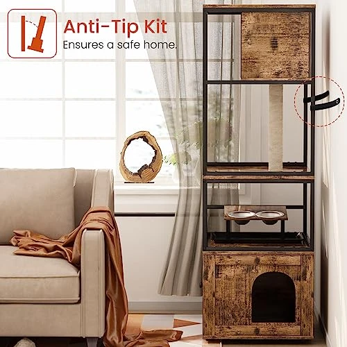 Lamerge Large Cat Litter Box Furniture, Cat Tree Tower With Scratching Post And Cat House Condo, Wooden Cat Cabinet With Doors And Cat Feeding Bowl, Rustic Brown 6 Lamerge Large Cat Litter Box Furniture, Cat Tree Tower With Scratching Post And Cat House Condo, Wooden Cat Cabinet With Doors And Cat Feeding Bowl, Rustic Brown - Image 4