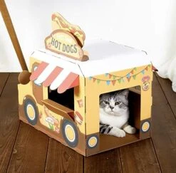 Cardboard Cat House: All-Season DIY Semi-Enclosed Design Scratching Board High-Density Creative Cottage Playhouse Toys Indoor Decor (Not Scratching Board,Hot Dog Fast Food Truck)