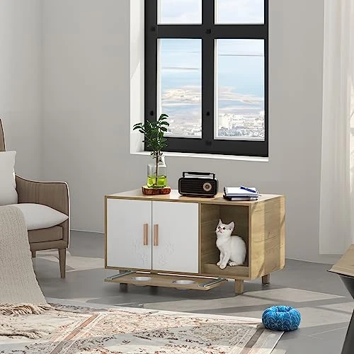 FEELLE Cat Litter Box Enclosure Houses With Food Bowls And Scratch Pad For Indoor Cats, Cat Washroom Hidden Litter Box Furniture Cabinet, Modern Cat Home, Table Nightstand Pet House 5 FEELLE Cat Litter Box Enclosure Houses With Food Bowls And Scratch Pad For Indoor Cats, Cat Washroom Hidden Litter Box Furniture Cabinet, Modern Cat Home, Table Nightstand Pet House - Image 3
