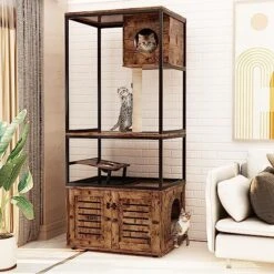 Cat Litter Box Enclosure With Shelves And Door, Hidden Cat Washroom Cabinet Furniture With Scratching Posts,Platform,Elevated Cat Feeding Bowl,All-in-One Wood Pet Crate Indoor Cat House Fumiture,Brown -Purritos Shop 51s92uaK7L. AC
