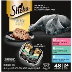 SHEBA PERFECT PORTIONS Cuts In Gravy Adult Wet Cat Food Trays (24 Count, 48 Servings), Gourmet Salmon, Sustainable Tuna, And Delicate Whitefish & Tuna Entrée, Easy Peel Twin-Pack Trays