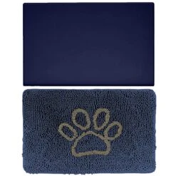 Gorilla Grip Pet Feeding Mat And Indoor Doormat, Pet Feeding Mat Is Size 32x24 In Navy Color, Indoor Chenille Doormat Is 24x17 In Navy Cappuccino Color, 2 Items Bundle