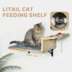 A.FATI Cat Wall Shelf, Wooden Cat Feeding Shelf With 2 Raised Bowls, 15° Tilted Feeding Position, Cat Shelves And Perches For Eating, Playing, Sleeping & Lounging -Purritos Shop 51yXos8IBDL