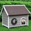 HiCaptain Weatherproof Outdoor Cat House, Wooden Feral Cat House For Outside, Unique Small Pet Shelter With Escape Door, Clear Window And Removable Attic-Grey -Purritos Shop 61j45g5DfLL