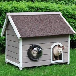 HiCaptain Weatherproof Outdoor Cat House, Wooden Feral Cat House For Outside, Unique Small Pet Shelter With Escape Door, Clear Window And Removable Attic-Grey